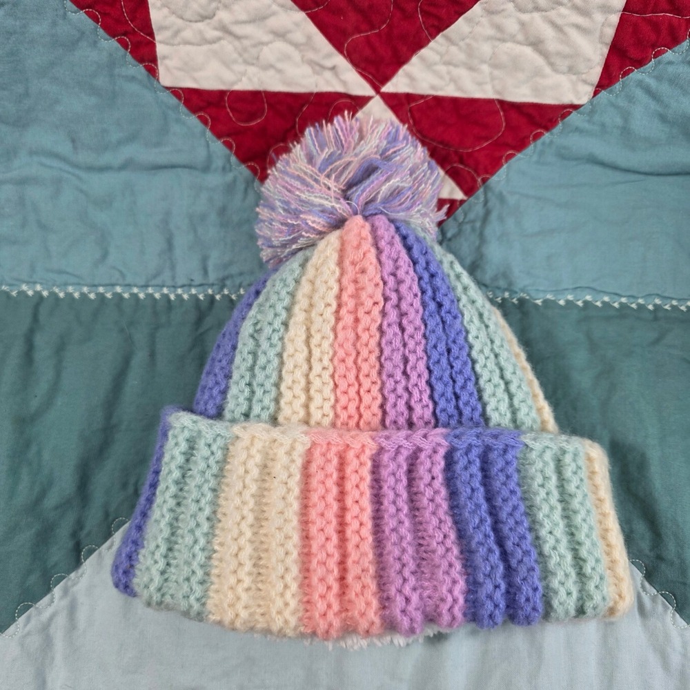 Rainbow Beanie Kids 12-24M Pastel Multicolor Crochet Faux Fur Lined Pom